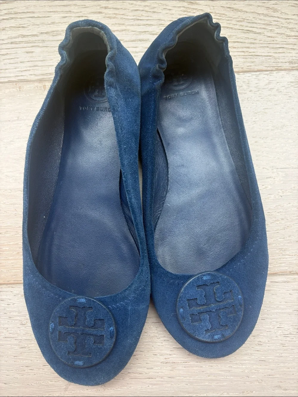 Tory Burch Navy Suede Logo Round-Toe Flats